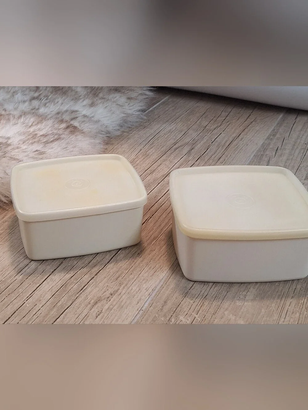 Vintage Tupperware Set of 2 Square Storage Containers with Lids Almond Beige